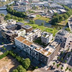 Vue aérienne de l'ensemble du site du Neckarbogen à Heilbronn