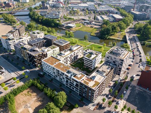 Ansicht aus der Luft auf das gesamte Gelände des Neckarbogen in Heilbronn