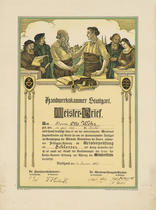 Urkunde als Zertifikat für Otto Wöhr als Schlossermeister