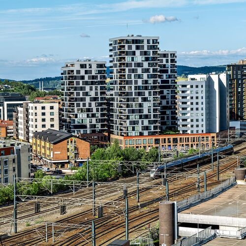Vue aérienne de l'ensemble du site du Meierikvartalet à Oslo