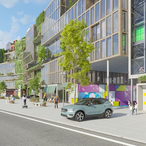 Rendering eines Gebäudes vor dem ein Auto steht