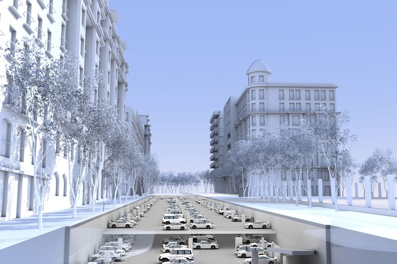 Rendu d'un parking souterrain à haute densité sous la chaussée