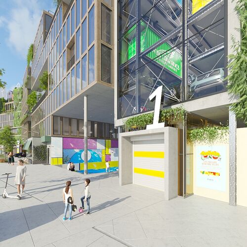 Rendering eines Gebäudes mit Einfahrtstor zum Parksystem