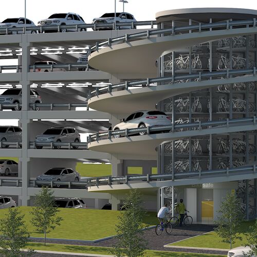 Visualisierung eines Fahrradparkturm integriert in einem Parkhaus