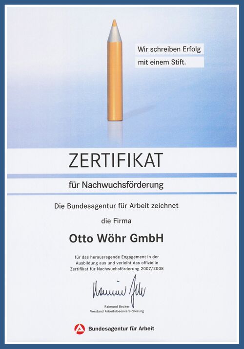 Urkunde der Zertifizierung für besondere Nachwuchsförderung