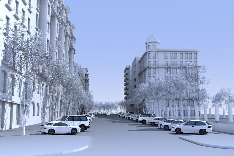 Rendu d'une ville avec des voitures en stationnement