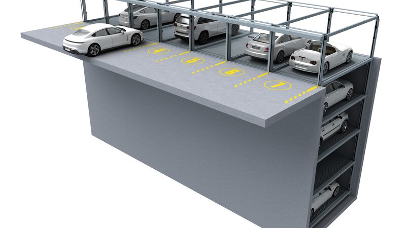 Rendering eines Parksystems mit vier Ebenen in die Tiefe