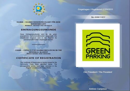 Urkunde der Marke "GREEN PARKING"