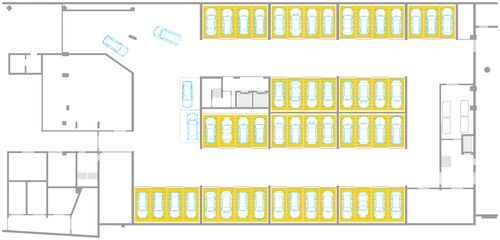 Planimetria di un garage sotterraneo dotato del sistema di parcheggio semiautomatico WÖHR Combilift 542/543. La disposizione dei posti auto dimostra l’utilizzo efficiente e salvaspazio dell’area disponibile.