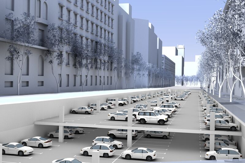 Rendu d'un parking souterrain à haute densité sous la chaussée