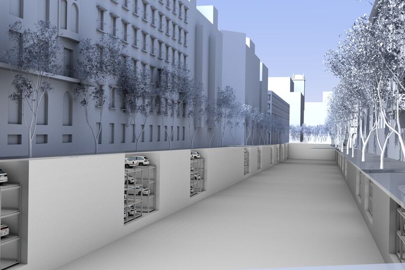 Rendu d'un parking souterrain sous les bâtiments