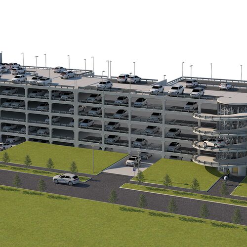 Visualisierung eines Fahrradparkturm integriert in einem Parkhaus