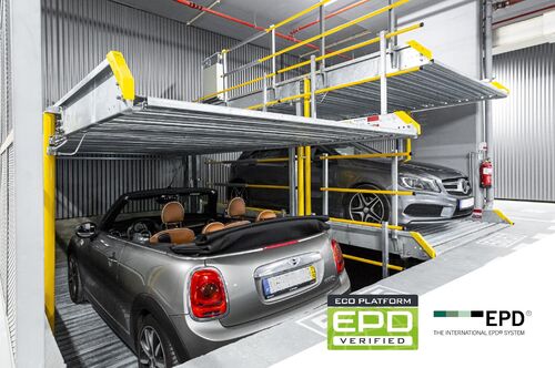 Parksystem mit Auto und Logo des Zertifikats EPD